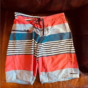 Patagonia Men's Striped 9” Inseam Swim Shorts - Red and Blue Size 33 Preppy